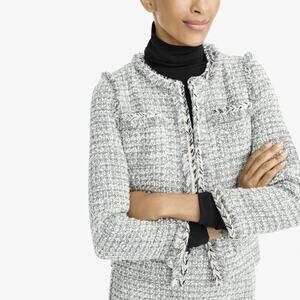 J. Crew Black White Silver Tweed Jacket Fringed Trim Four Pockets Classic 4